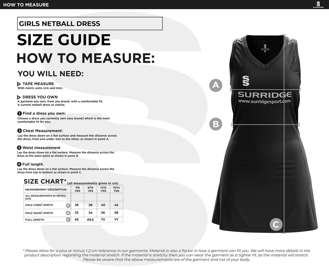 Jelly Netball Club - Junior Girls Netball Dress - Size Guide