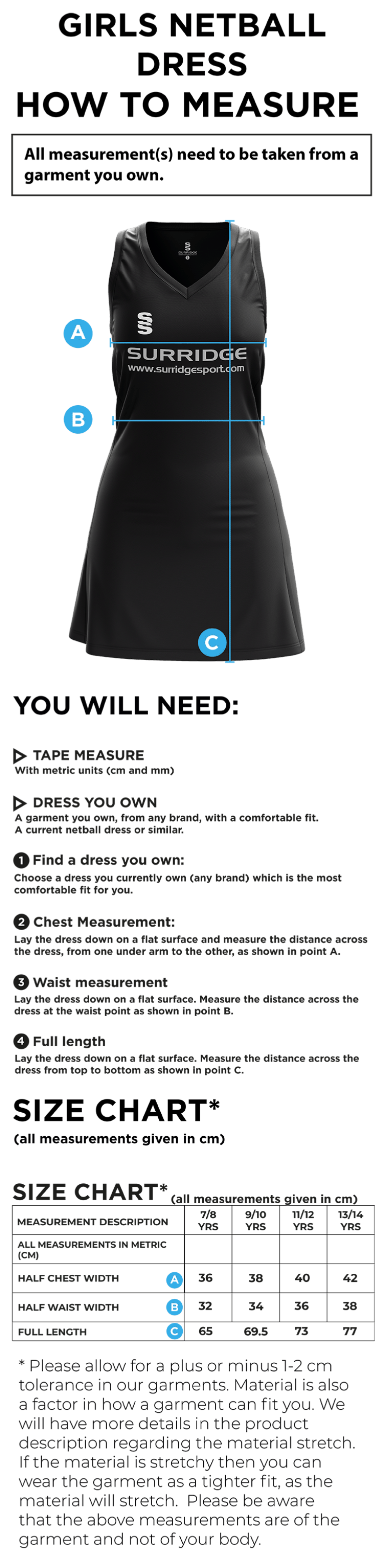 Jelly Netball Club - Junior Girls Netball Dress - Size Guide