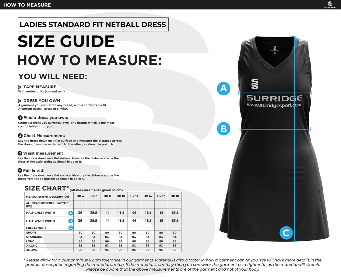 Jelly Netball Club - Netball Dress - Size Guide