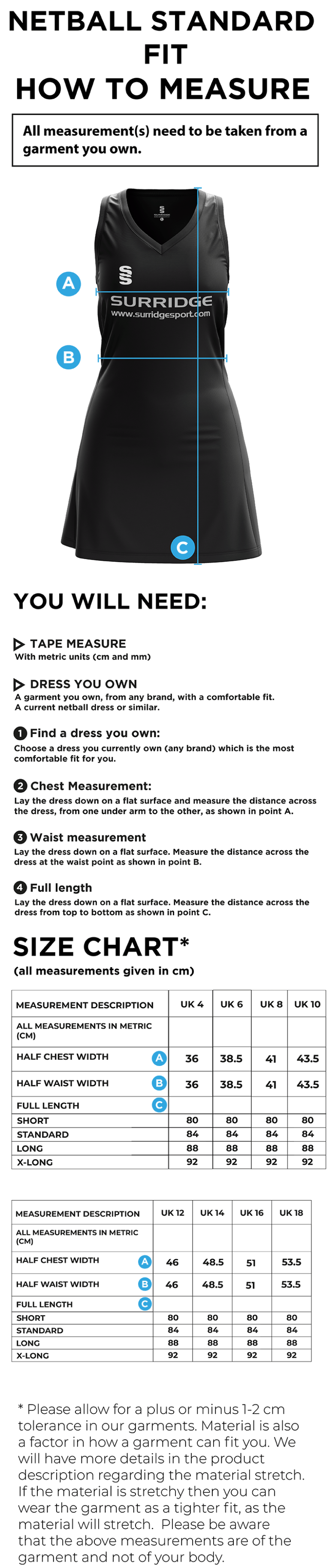 Jelly Netball Club - Netball Dress - Size Guide